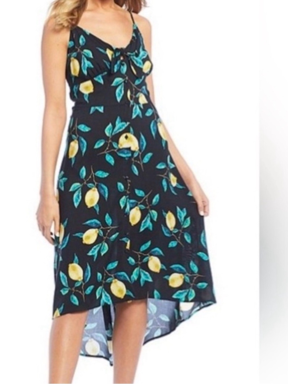 Jessica Simpson Sundress Dress Black Lemon Print Midi High-Low stretch large